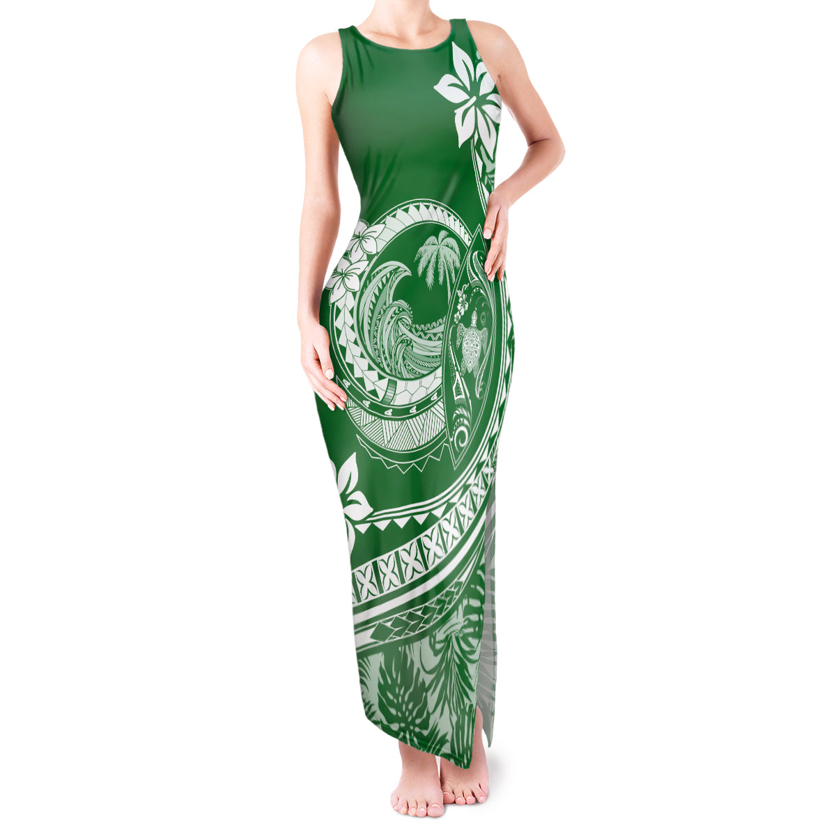 Polynesian Plumeria Tank Maxi Dress Ride The Waves - Green - Wonder Print Shop