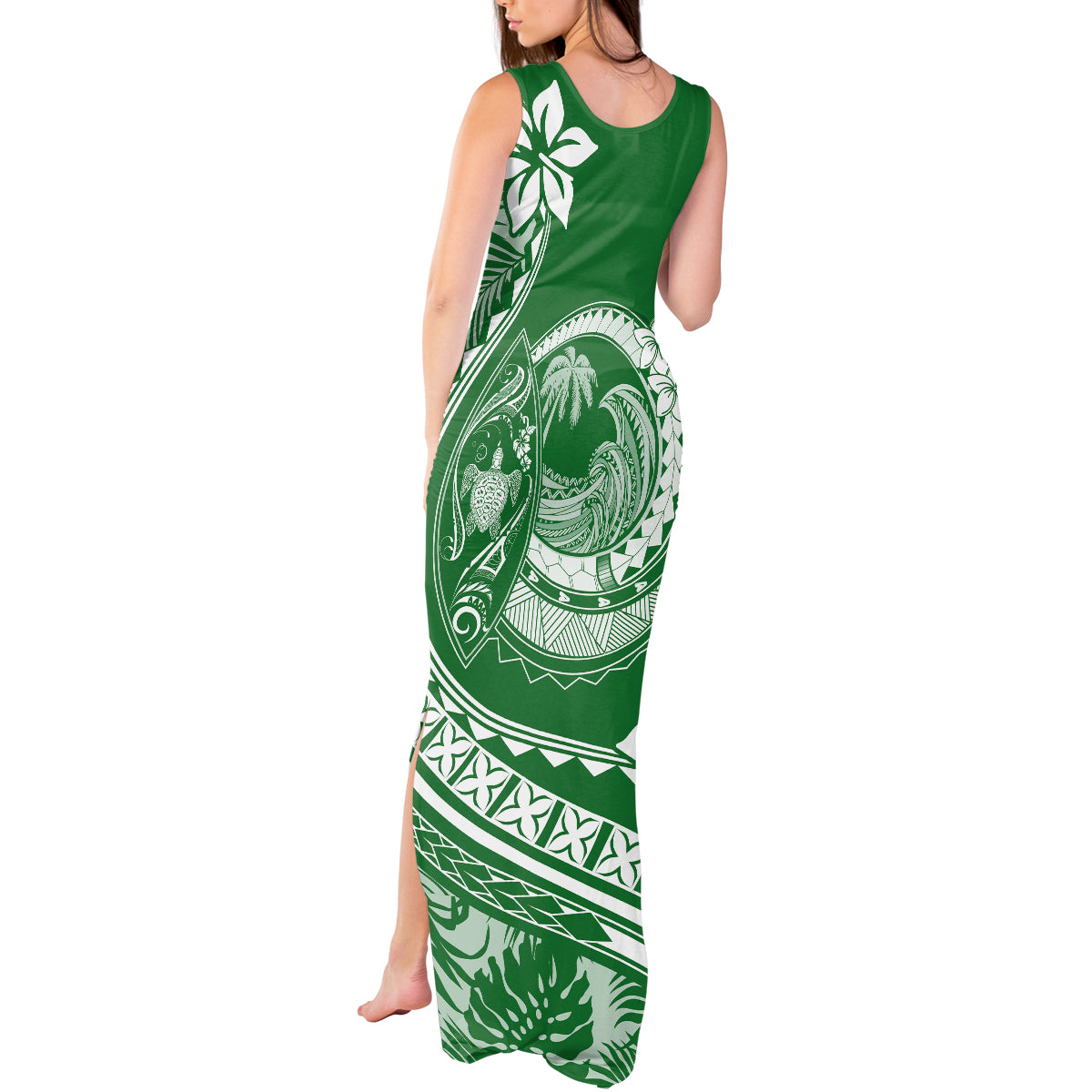 Polynesian Plumeria Tank Maxi Dress Ride The Waves - Green - Wonder Print Shop