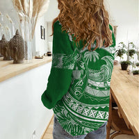 Polynesian Plumeria Women Casual Shirt Ride The Waves - Green - Wonder Print Shop