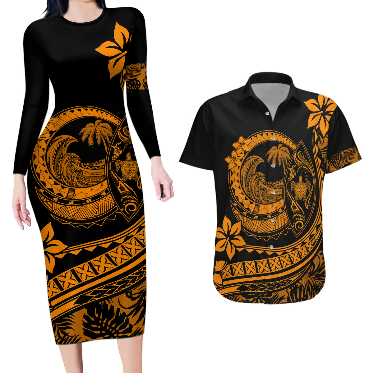Polynesian Plumeria Couples Matching Long Sleeve Bodycon Dress and Hawaiian Shirt Ride The Waves - Orange LT7 - Wonder Print Shop
