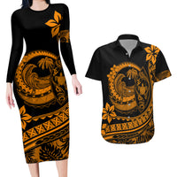 Polynesian Plumeria Couples Matching Long Sleeve Bodycon Dress and Hawaiian Shirt Ride The Waves - Orange LT7 - Wonder Print Shop