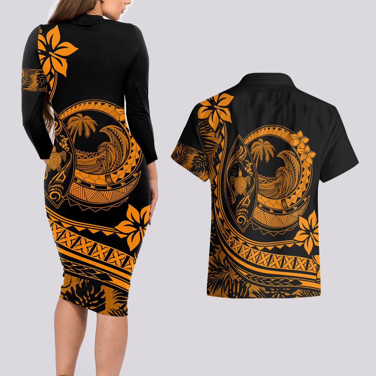 Polynesian Plumeria Couples Matching Long Sleeve Bodycon Dress and Hawaiian Shirt Ride The Waves - Orange LT7 - Wonder Print Shop