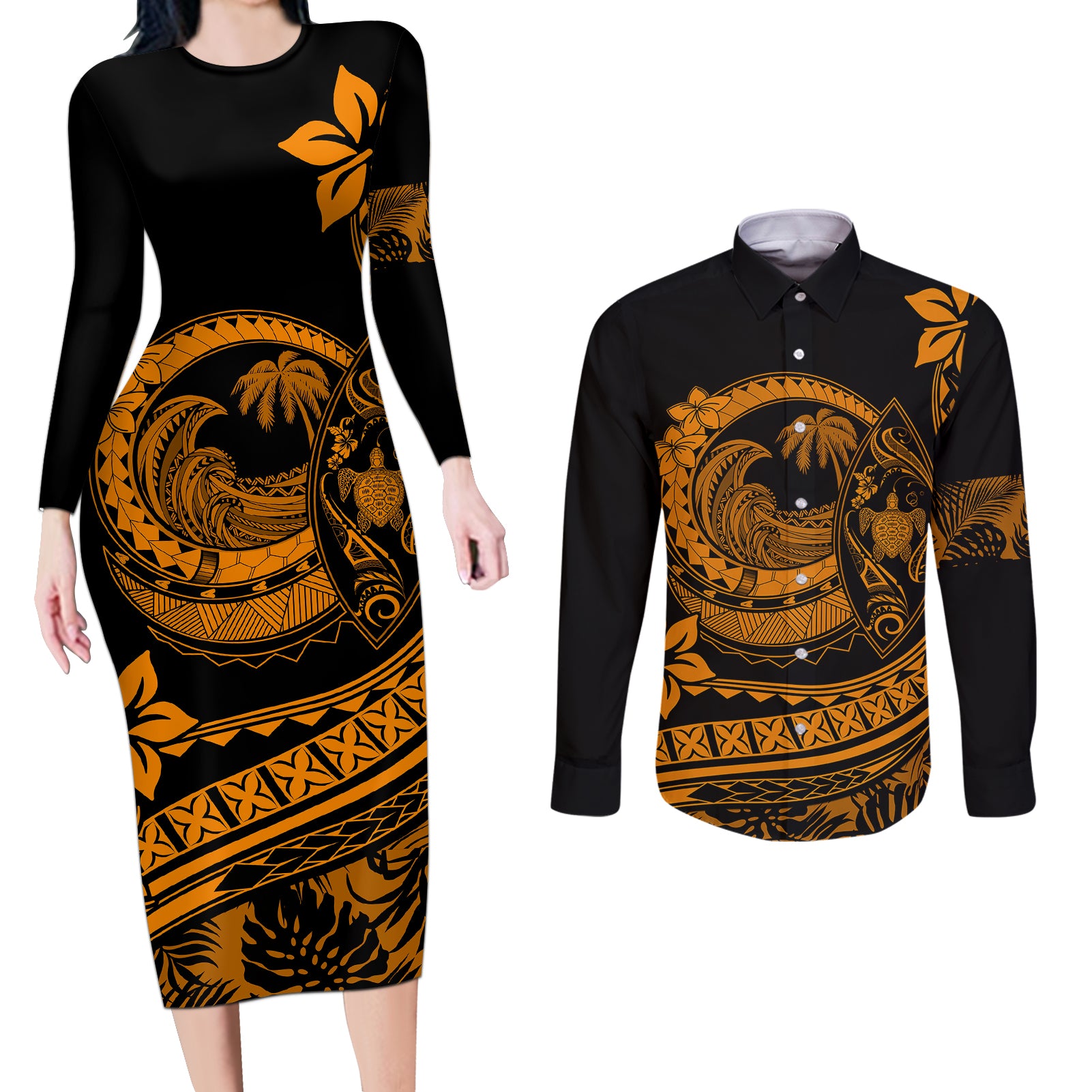 Polynesian Plumeria Couples Matching Long Sleeve Bodycon Dress and Long Sleeve Button Shirts Ride The Waves - Orange LT7 - Wonder Print Shop