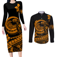 Polynesian Plumeria Couples Matching Long Sleeve Bodycon Dress and Long Sleeve Button Shirts Ride The Waves - Orange LT7 - Wonder Print Shop