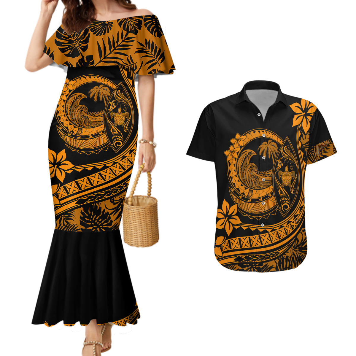 Polynesian Plumeria Couples Matching Mermaid Dress And Hawaiian Shirt Ride The Waves - Orange LT7 - Wonder Print Shop