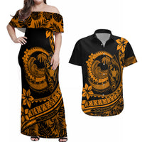 Polynesian Plumeria Couples Matching Off Shoulder Maxi Dress and Hawaiian Shirt Ride The Waves - Orange LT7 - Wonder Print Shop