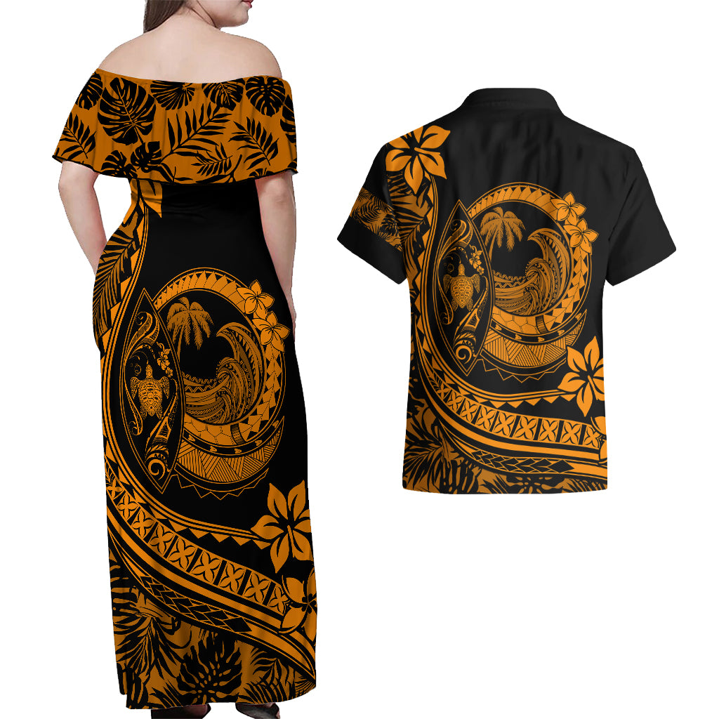 Polynesian Plumeria Couples Matching Off Shoulder Maxi Dress and Hawaiian Shirt Ride The Waves - Orange LT7 - Wonder Print Shop