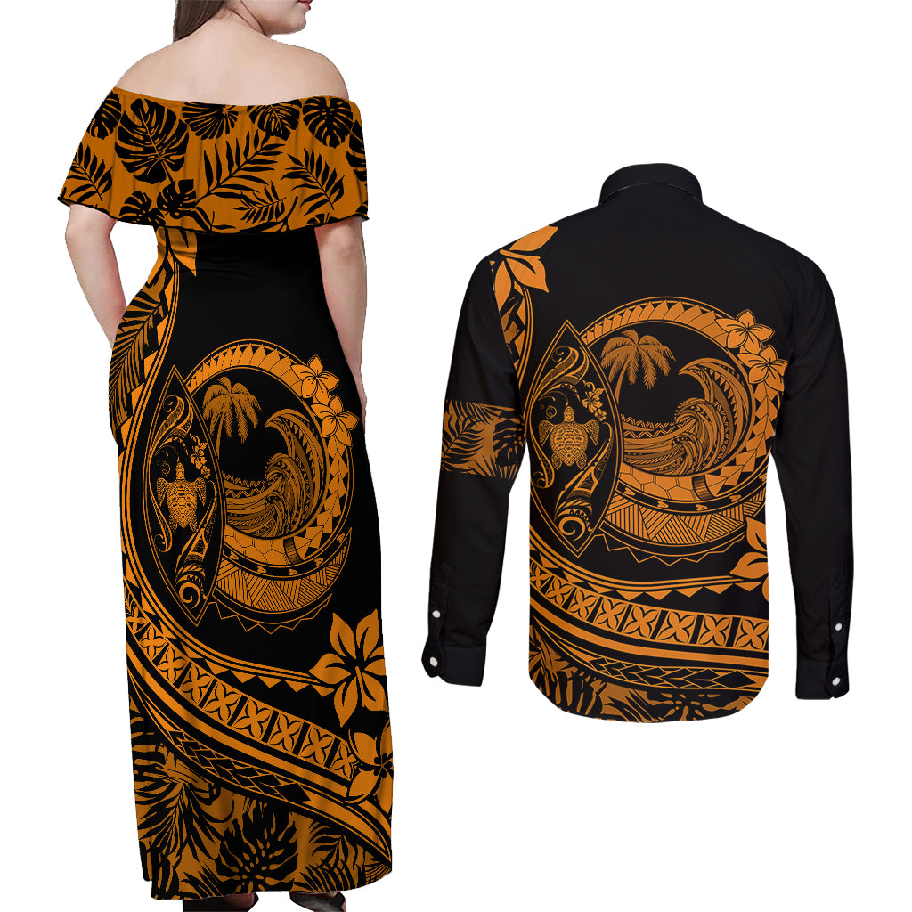 Polynesian Plumeria Couples Matching Off Shoulder Maxi Dress and Long Sleeve Button Shirts Ride The Waves - Orange LT7 - Wonder Print Shop