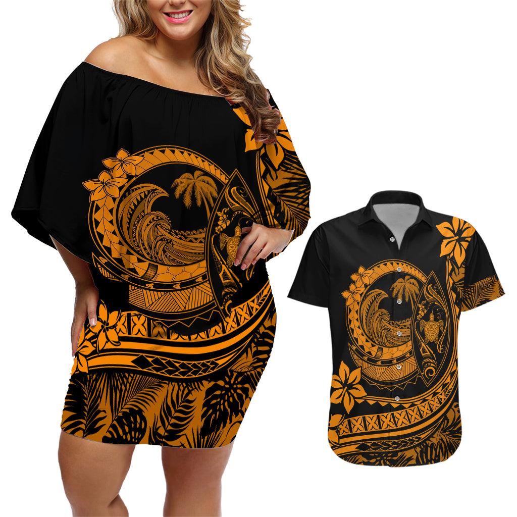 Polynesian Plumeria Couples Matching Off Shoulder Short Dress and Hawaiian Shirt Ride The Waves - Orange LT7 - Wonder Print Shop