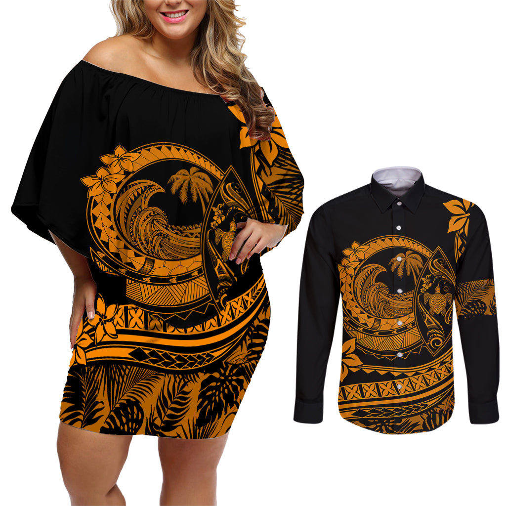 Polynesian Plumeria Couples Matching Off Shoulder Short Dress and Long Sleeve Button Shirts Ride The Waves - Orange LT7 - Wonder Print Shop
