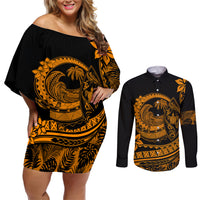 Polynesian Plumeria Couples Matching Off Shoulder Short Dress and Long Sleeve Button Shirts Ride The Waves - Orange LT7 - Wonder Print Shop