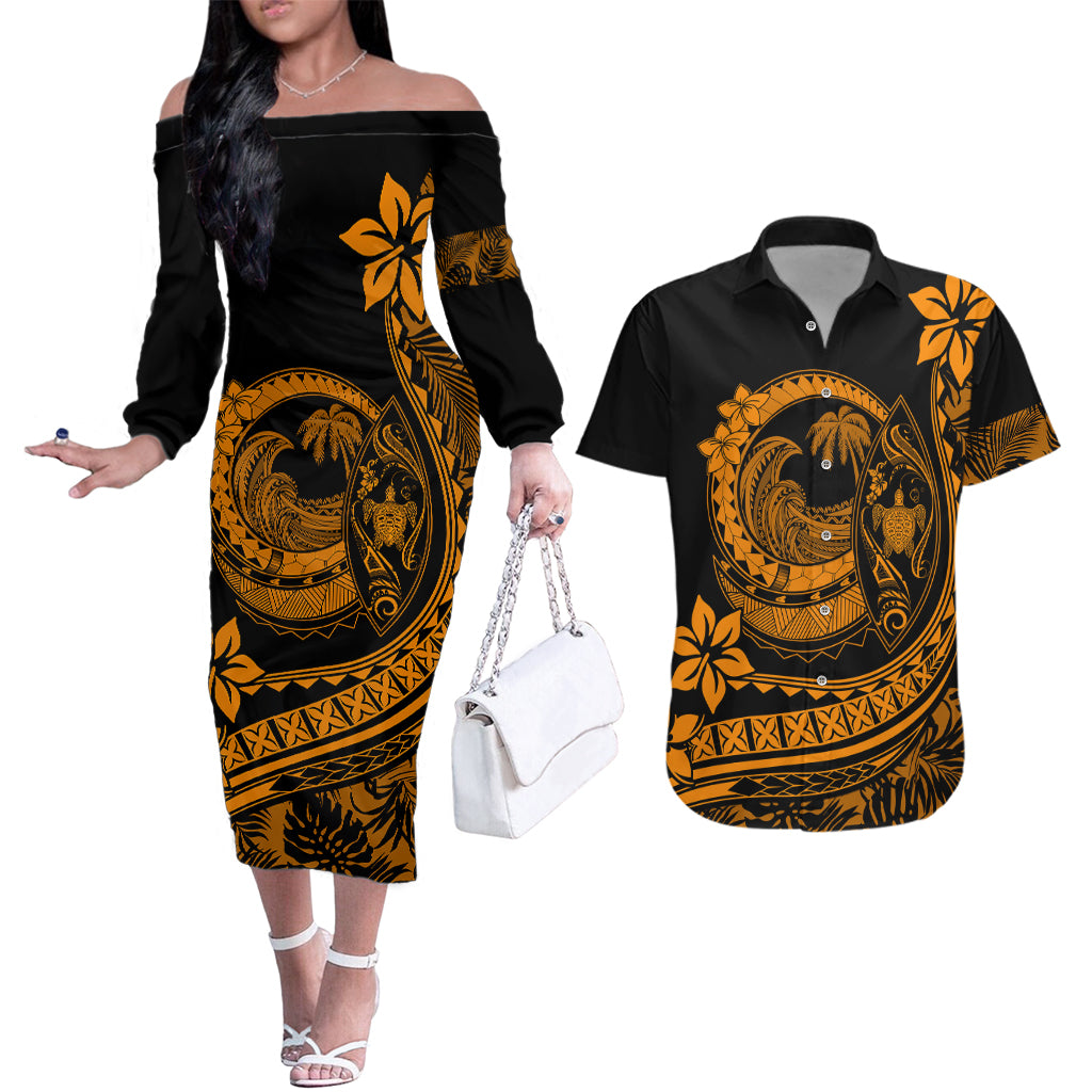 Polynesian Plumeria Couples Matching Off The Shoulder Long Sleeve Dress and Hawaiian Shirt Ride The Waves - Orange LT7 - Wonder Print Shop