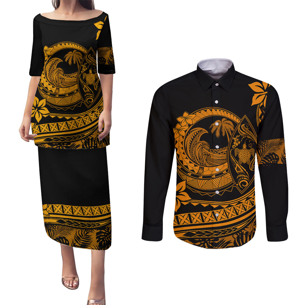 Polynesian Plumeria Couples Matching Puletasi Dress and Long Sleeve Button Shirts Ride The Waves - Orange LT7 - Wonder Print Shop