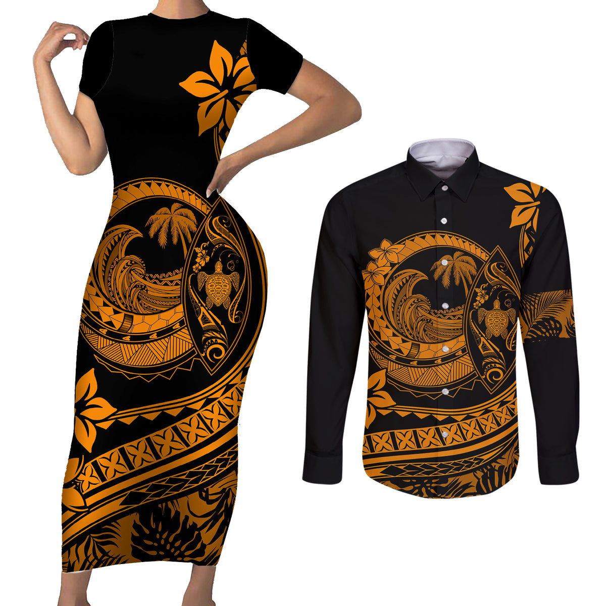 Polynesian Plumeria Couples Matching Short Sleeve Bodycon Dress and Long Sleeve Button Shirts Ride The Waves - Orange LT7 - Wonder Print Shop
