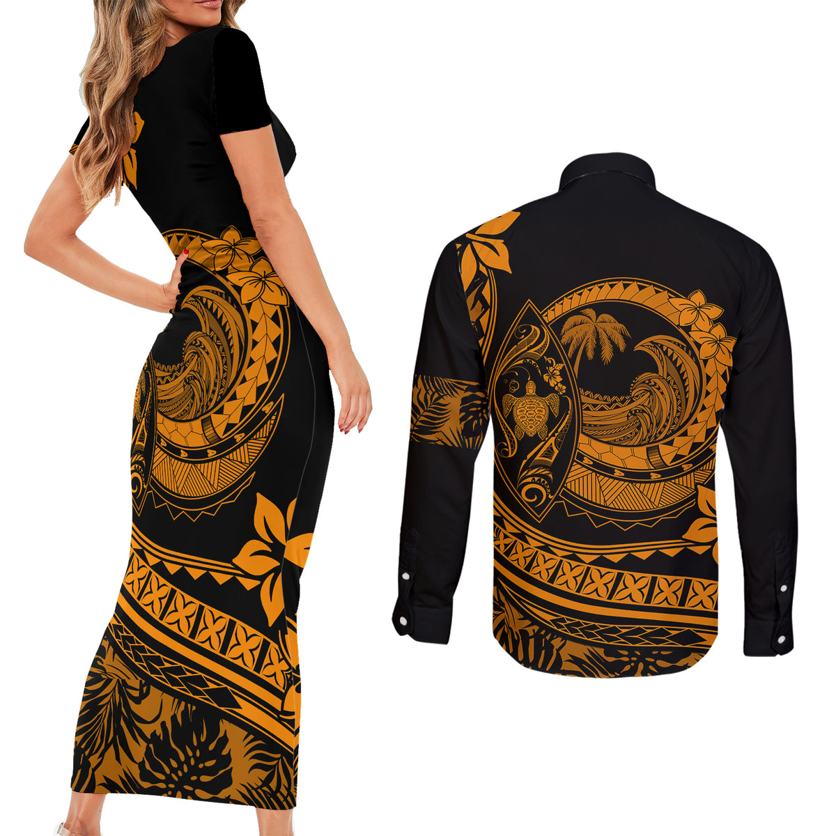 Polynesian Plumeria Couples Matching Short Sleeve Bodycon Dress and Long Sleeve Button Shirts Ride The Waves - Orange LT7 - Wonder Print Shop