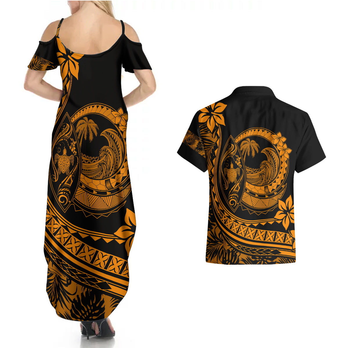 Polynesian Plumeria Couples Matching Summer Maxi Dress and Hawaiian Shirt Ride The Waves - Orange LT7 - Wonder Print Shop