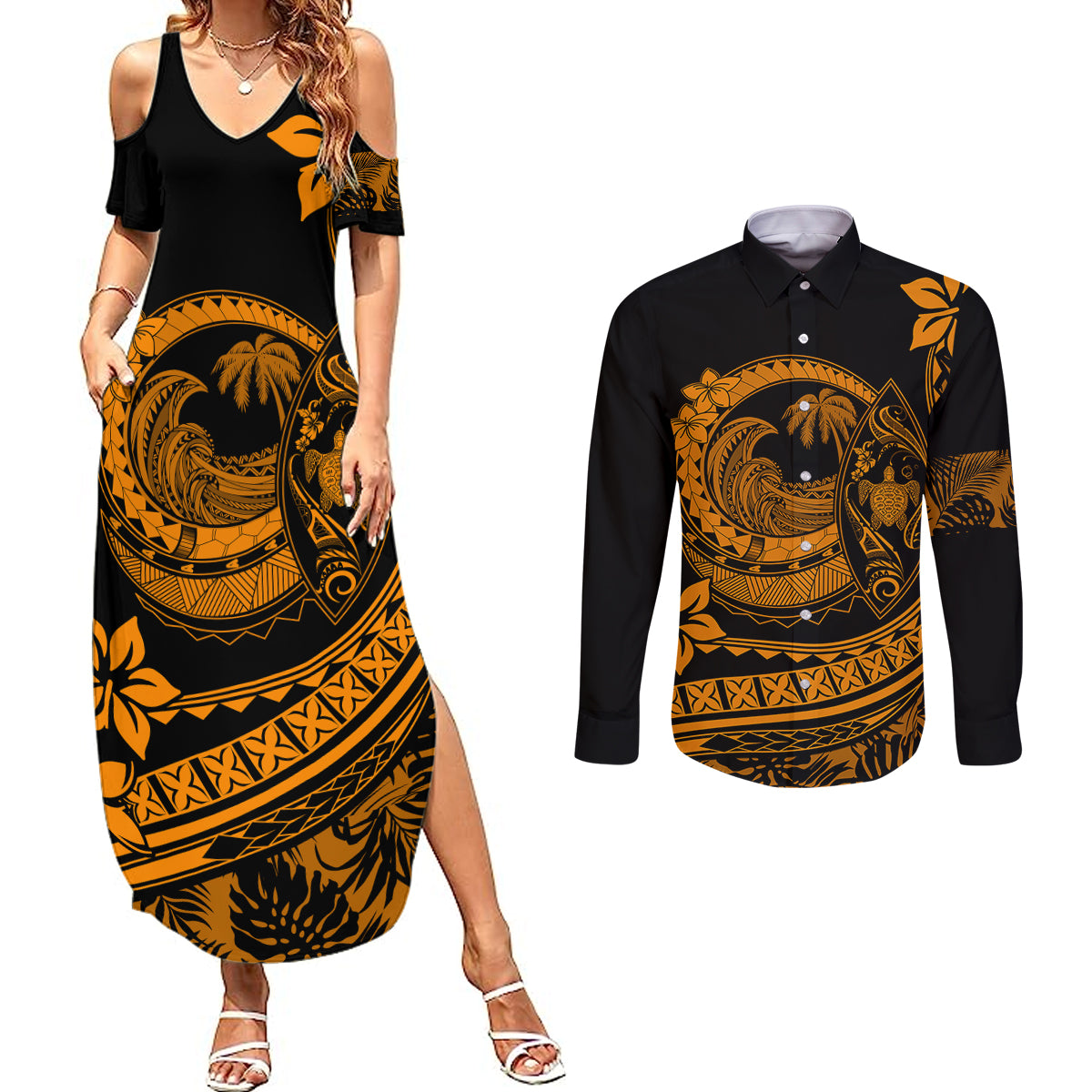 Polynesian Plumeria Couples Matching Summer Maxi Dress and Long Sleeve Button Shirts Ride The Waves - Orange LT7 - Wonder Print Shop