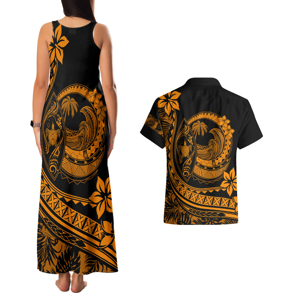 Polynesian Plumeria Couples Matching Tank Maxi Dress And Hawaiian Shirt Ride The Waves - Orange LT7 - Wonder Print Shop
