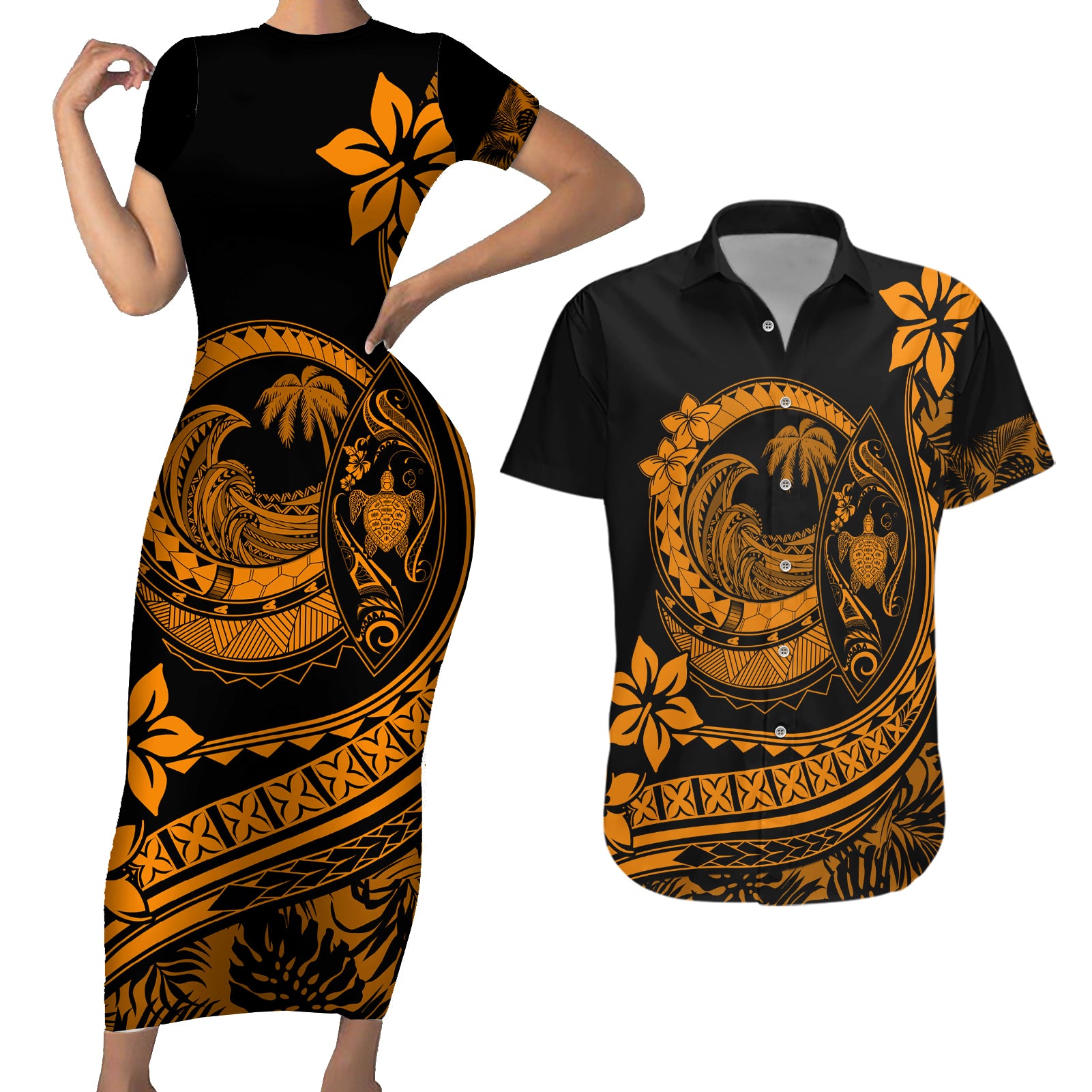 Polynesian Plumeria Couples Matching Short Sleeve Bodycon Dress and Hawaiian Shirt Ride The Waves - Orange LT7 - Wonder Print Shop