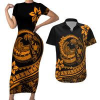 Polynesian Plumeria Couples Matching Short Sleeve Bodycon Dress and Hawaiian Shirt Ride The Waves - Orange LT7 - Wonder Print Shop