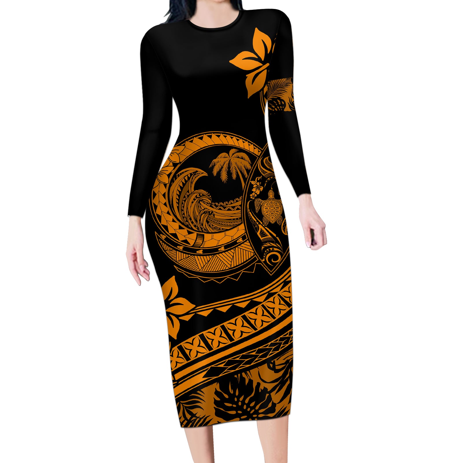 Polynesian Plumeria Long Sleeve Bodycon Dress Ride The Waves - Orange - Wonder Print Shop