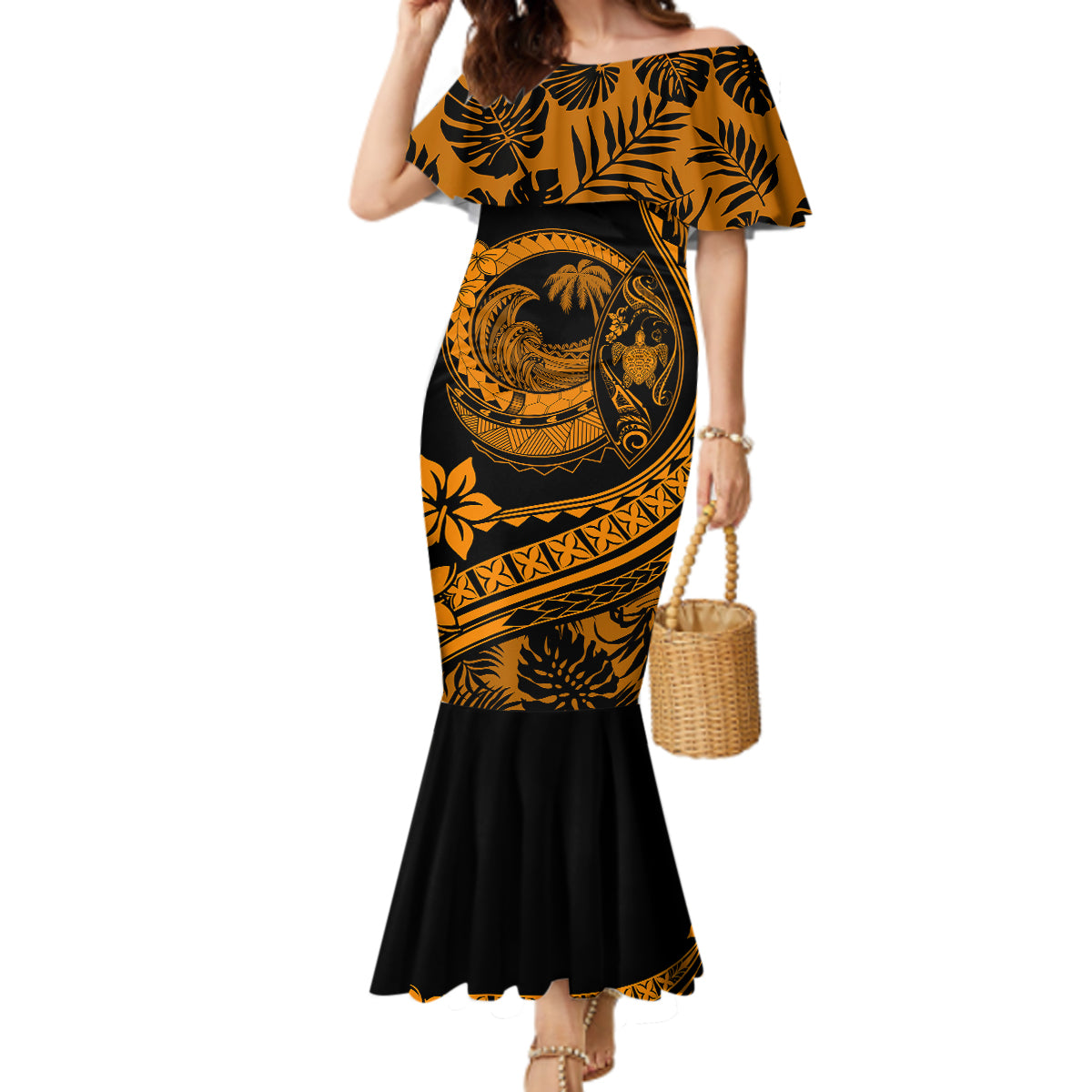 Polynesian Plumeria Mermaid Dress Ride The Waves - Orange - Wonder Print Shop
