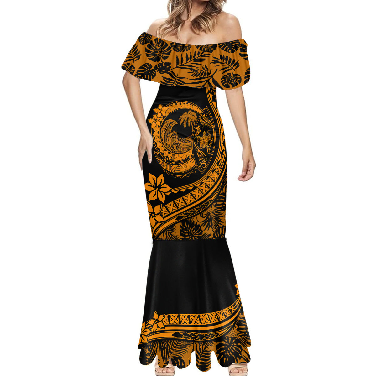 Polynesian Plumeria Mermaid Dress Ride The Waves - Orange - Wonder Print Shop