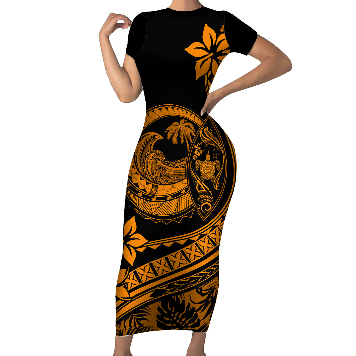 Polynesian Plumeria Short Sleeve Bodycon Dress Ride The Waves - Orange - Wonder Print Shop