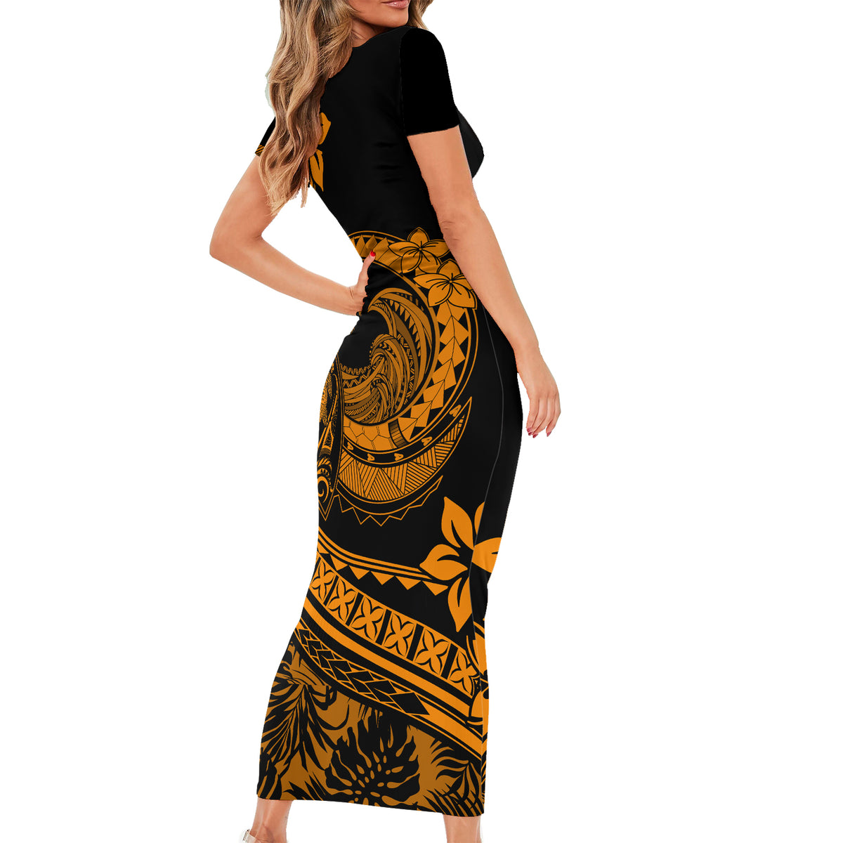 Polynesian Plumeria Short Sleeve Bodycon Dress Ride The Waves - Orange - Wonder Print Shop