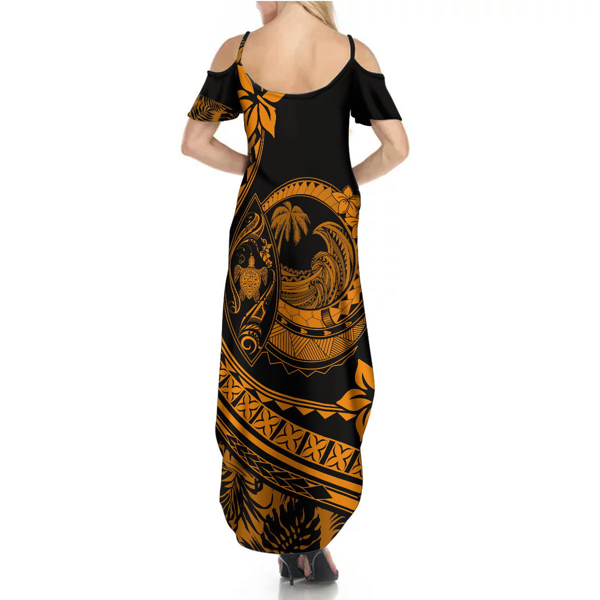 Polynesian Plumeria Summer Maxi Dress Ride The Waves - Orange - Wonder Print Shop