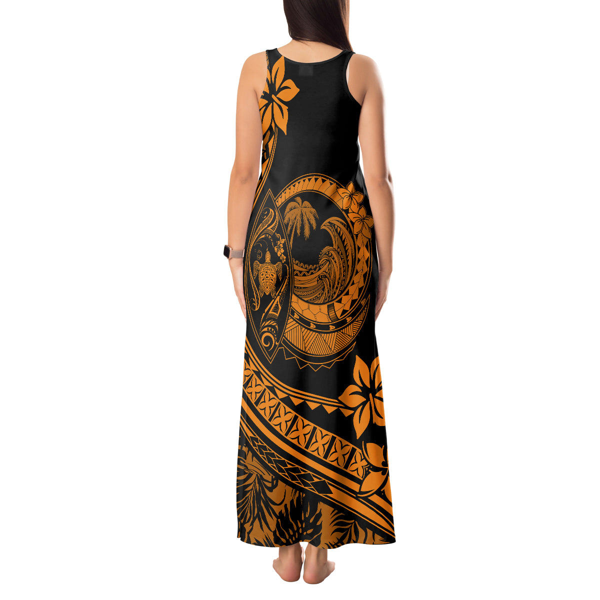 Polynesian Plumeria Tank Maxi Dress Ride The Waves - Orange - Wonder Print Shop