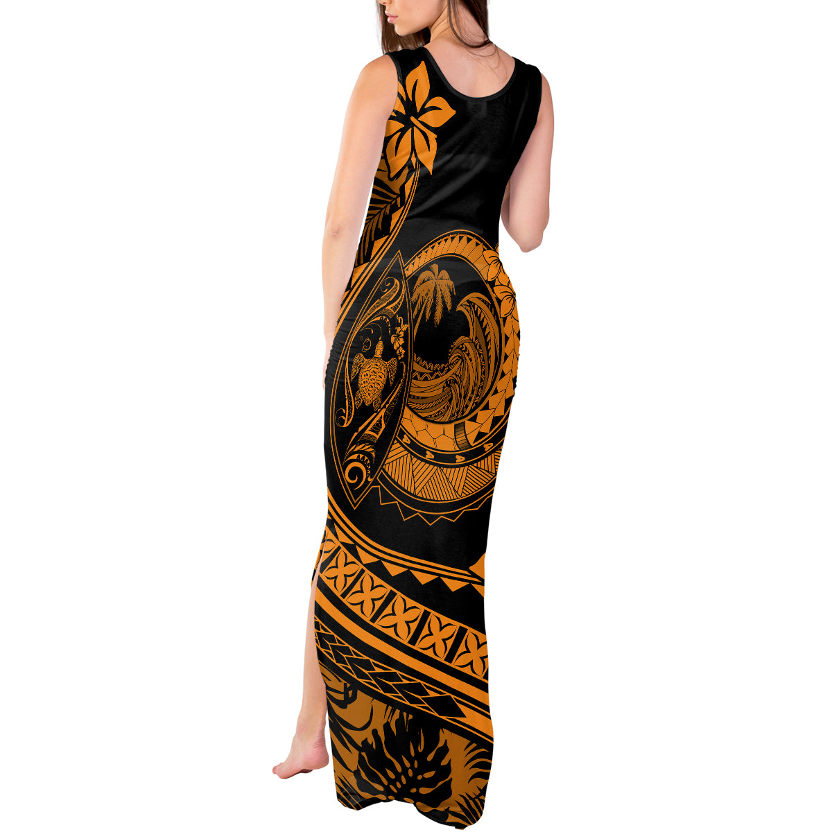 Polynesian Plumeria Tank Maxi Dress Ride The Waves - Orange - Wonder Print Shop