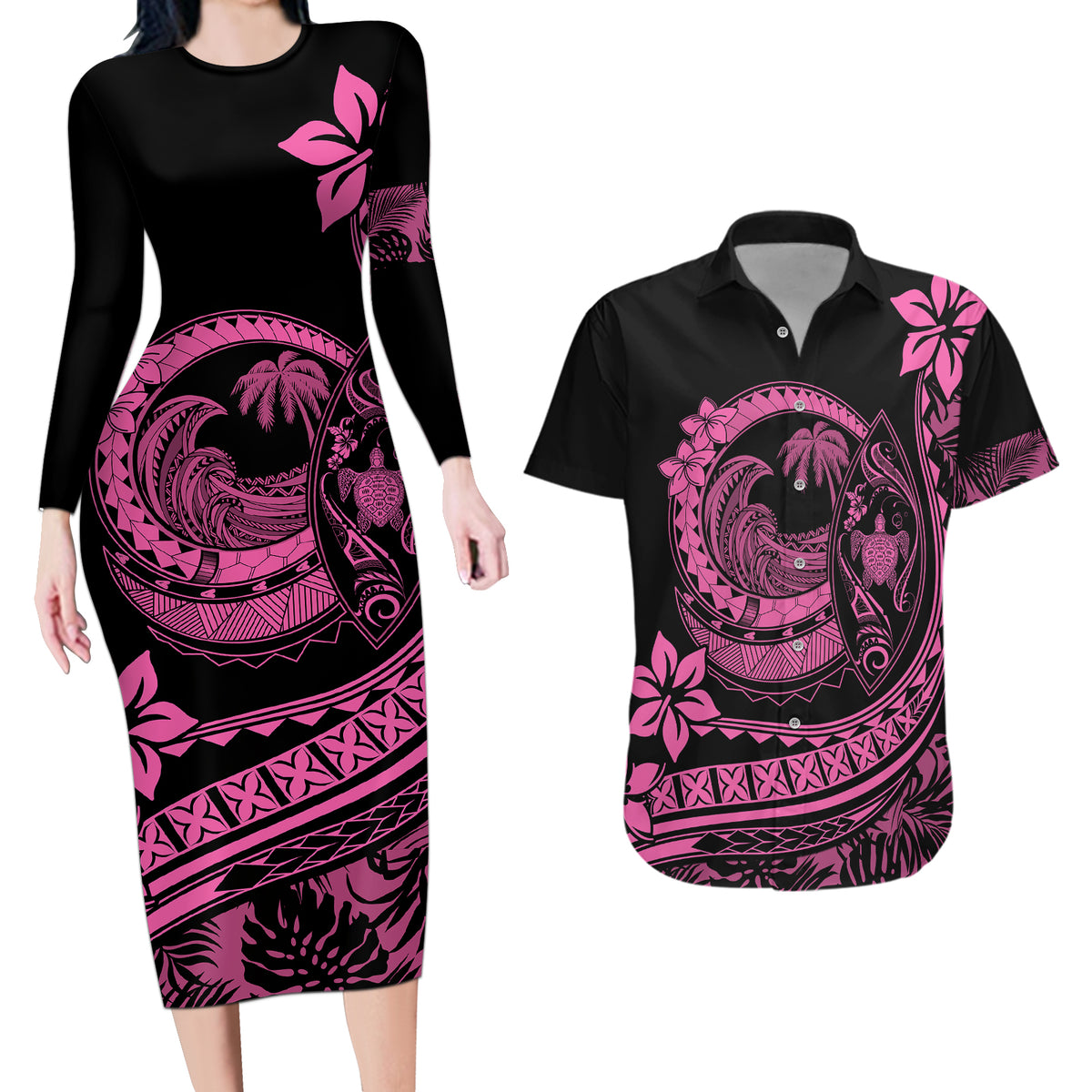 Polynesian Plumeria Couples Matching Long Sleeve Bodycon Dress and Hawaiian Shirt Ride The Waves - Pink LT7 - Wonder Print Shop