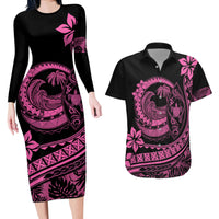 Polynesian Plumeria Couples Matching Long Sleeve Bodycon Dress and Hawaiian Shirt Ride The Waves - Pink LT7 - Wonder Print Shop