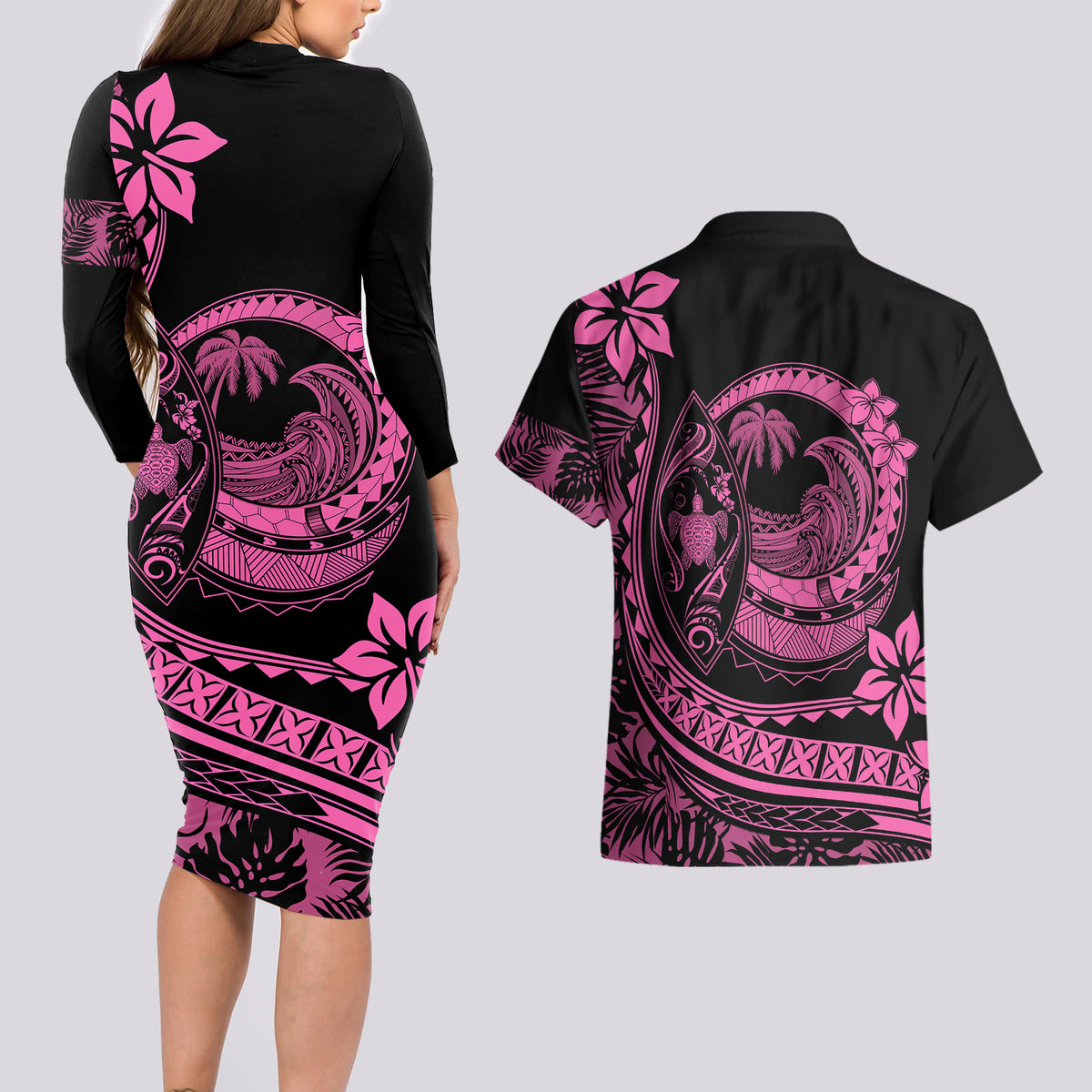 Polynesian Plumeria Couples Matching Long Sleeve Bodycon Dress and Hawaiian Shirt Ride The Waves - Pink LT7 - Wonder Print Shop