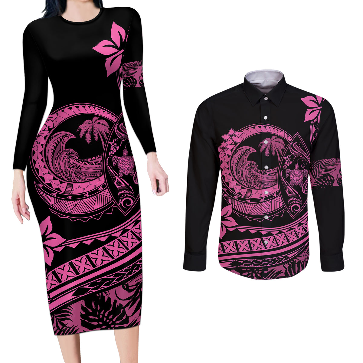 Polynesian Plumeria Couples Matching Long Sleeve Bodycon Dress and Long Sleeve Button Shirts Ride The Waves - Pink LT7 - Wonder Print Shop