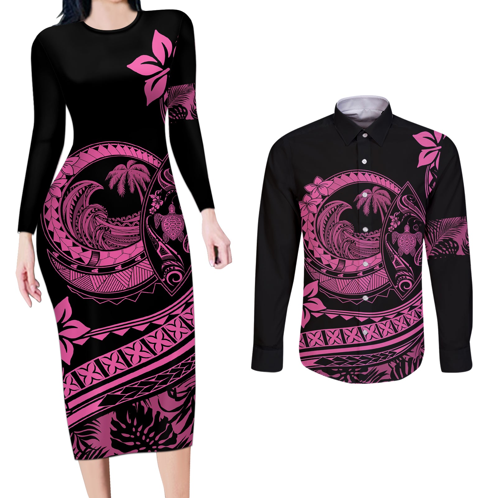 Polynesian Plumeria Couples Matching Long Sleeve Bodycon Dress and Long Sleeve Button Shirts Ride The Waves - Pink LT7 - Wonder Print Shop