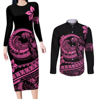 Polynesian Plumeria Couples Matching Long Sleeve Bodycon Dress and Long Sleeve Button Shirts Ride The Waves - Pink LT7 - Wonder Print Shop