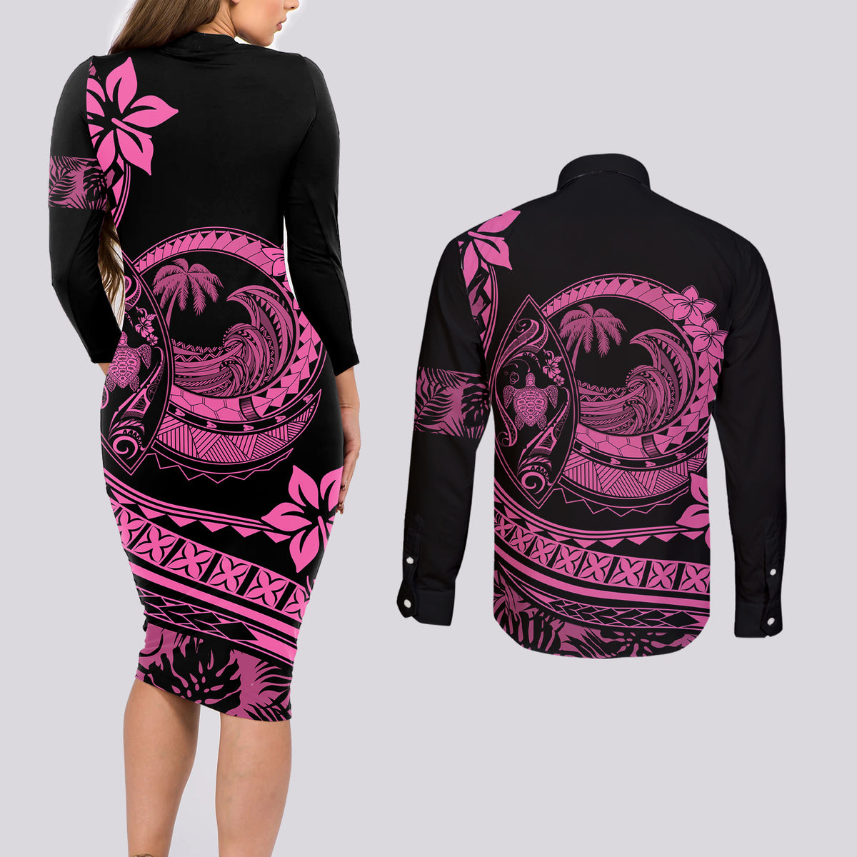 Polynesian Plumeria Couples Matching Long Sleeve Bodycon Dress and Long Sleeve Button Shirts Ride The Waves - Pink LT7 - Wonder Print Shop