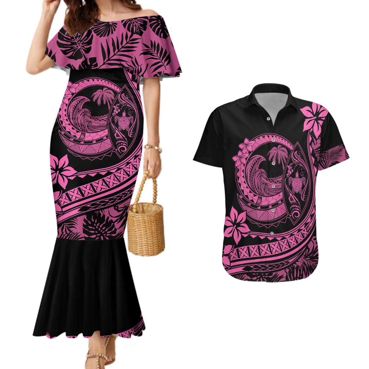 Polynesian Plumeria Couples Matching Mermaid Dress And Hawaiian Shirt Ride The Waves - Pink LT7 - Wonder Print Shop