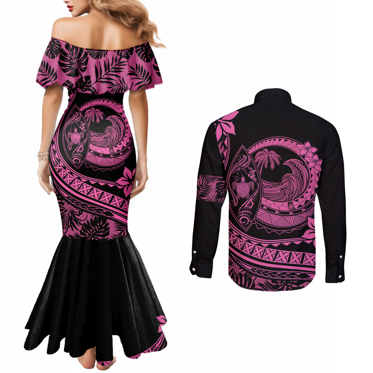 polynesian-plumeria-couples-matching-mermaid-dress-and-long-sleeve-button-shirts-ride-the-waves-pink