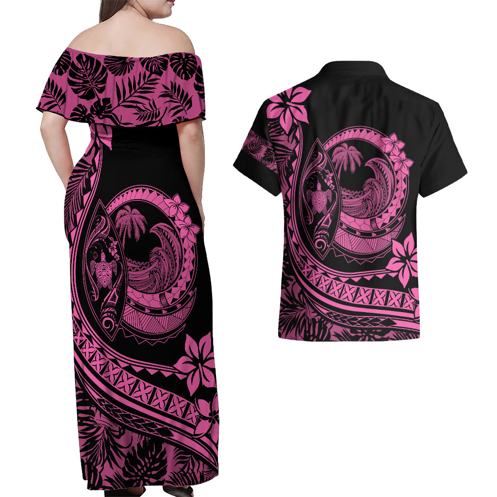 Polynesian Plumeria Couples Matching Off Shoulder Maxi Dress and Hawaiian Shirt Ride The Waves - Pink LT7 - Wonder Print Shop