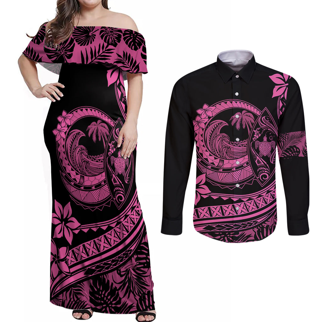 Polynesian Plumeria Couples Matching Off Shoulder Maxi Dress and Long Sleeve Button Shirts Ride The Waves - Pink LT7 - Wonder Print Shop