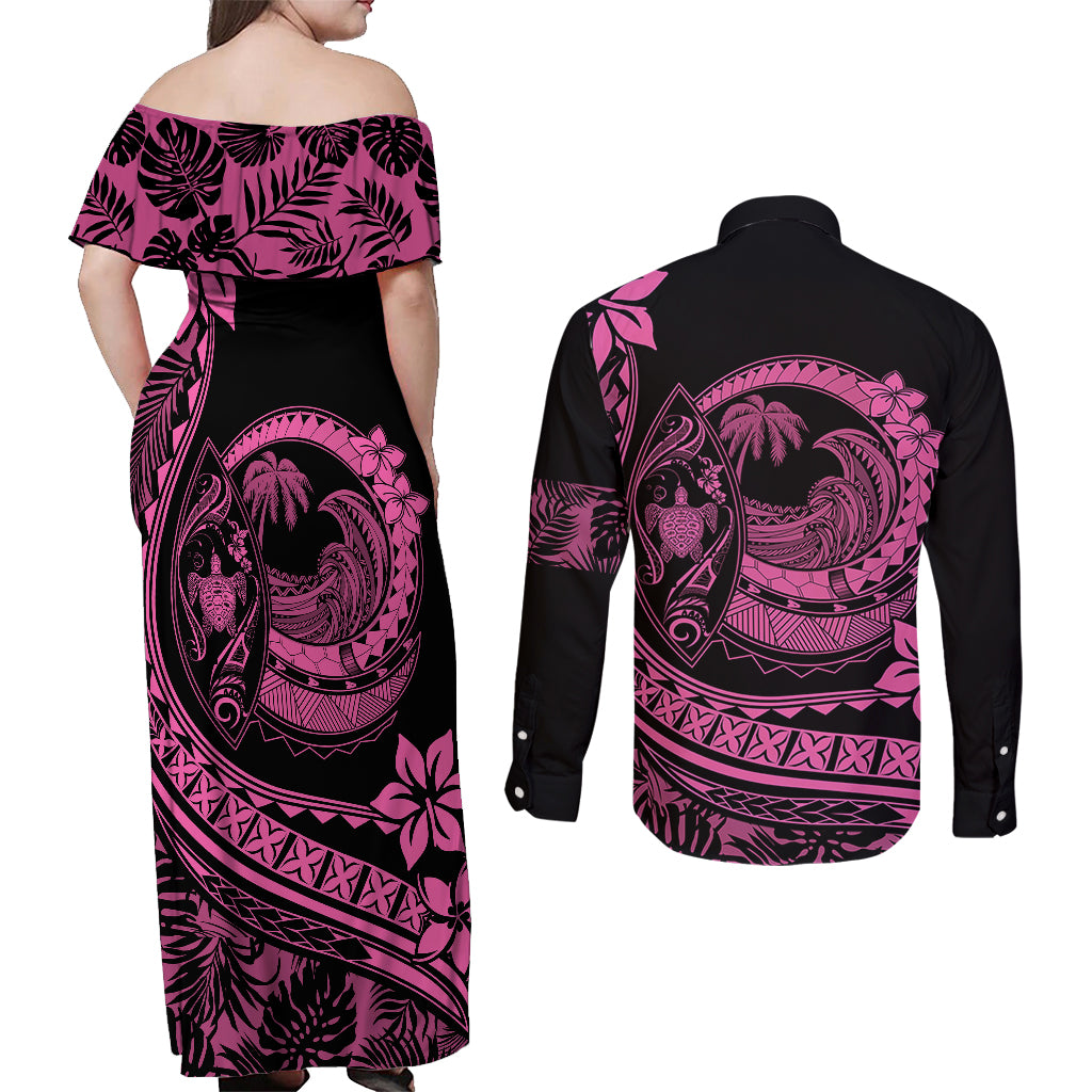 Polynesian Plumeria Couples Matching Off Shoulder Maxi Dress and Long Sleeve Button Shirts Ride The Waves - Pink LT7 - Wonder Print Shop
