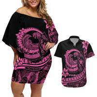Polynesian Plumeria Couples Matching Off Shoulder Short Dress and Hawaiian Shirt Ride The Waves - Pink LT7 - Wonder Print Shop