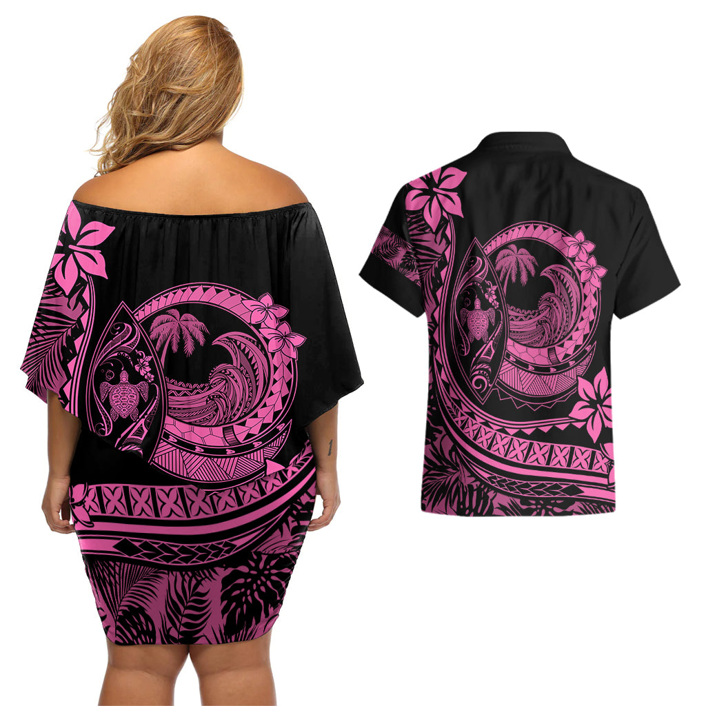 Polynesian Plumeria Couples Matching Off Shoulder Short Dress and Hawaiian Shirt Ride The Waves - Pink LT7 - Wonder Print Shop