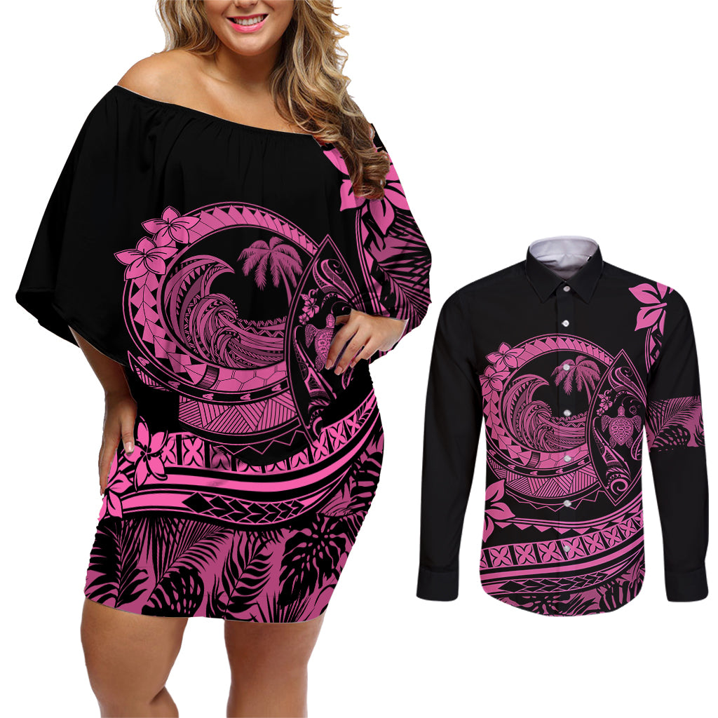 Polynesian Plumeria Couples Matching Off Shoulder Short Dress and Long Sleeve Button Shirts Ride The Waves - Pink LT7 - Wonder Print Shop
