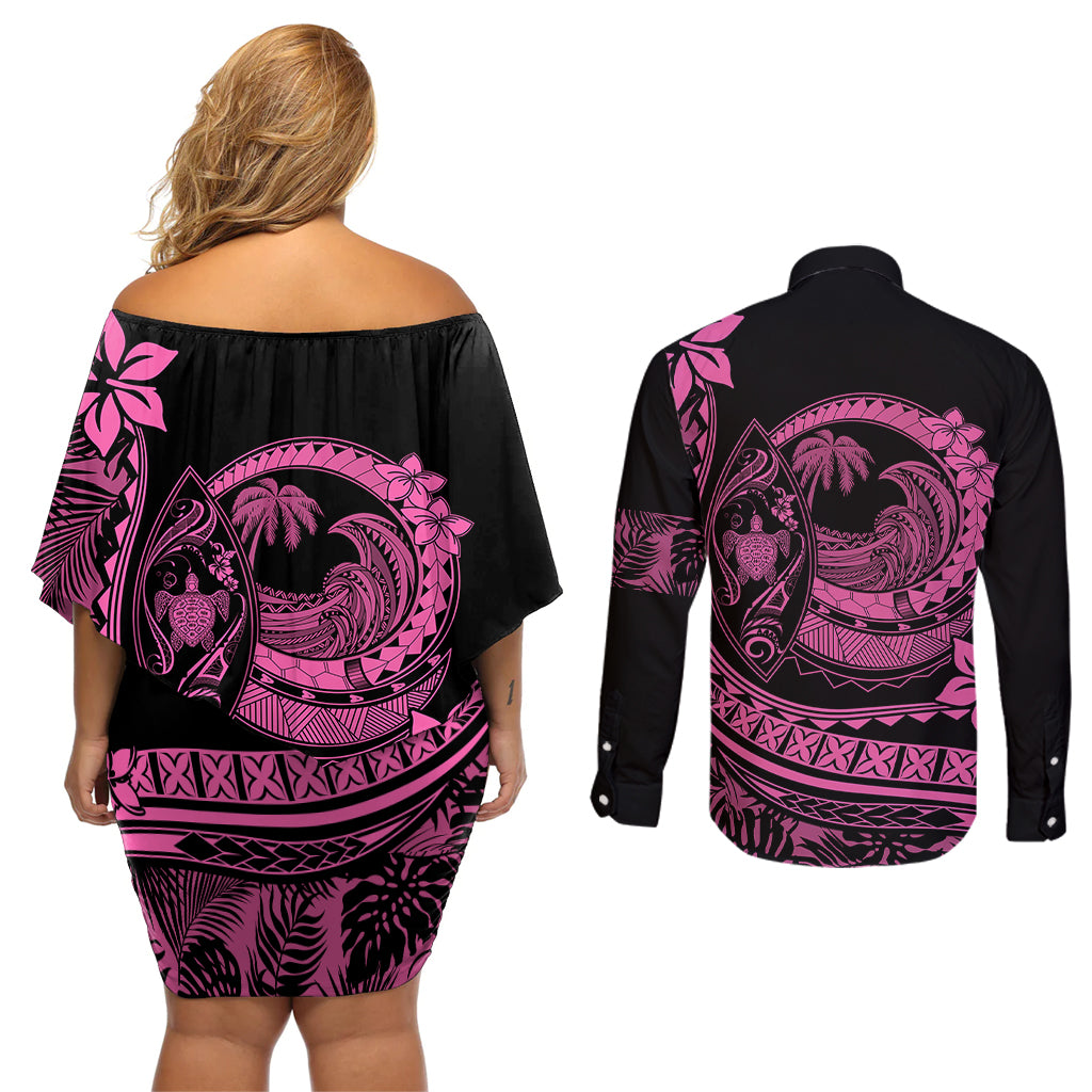Polynesian Plumeria Couples Matching Off Shoulder Short Dress and Long Sleeve Button Shirts Ride The Waves - Pink LT7 - Wonder Print Shop