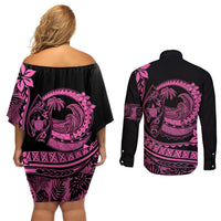 Polynesian Plumeria Couples Matching Off Shoulder Short Dress and Long Sleeve Button Shirts Ride The Waves - Pink LT7 - Wonder Print Shop