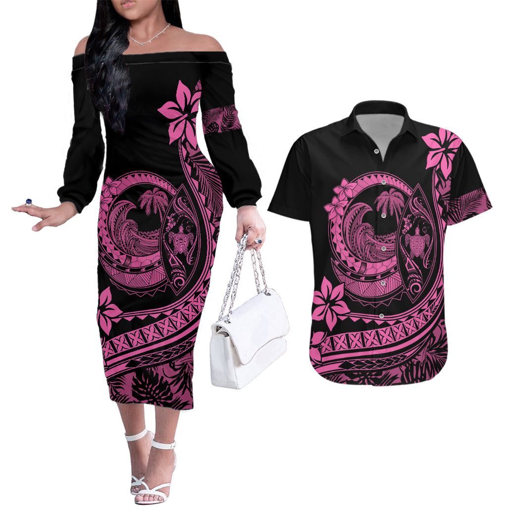 Polynesian Plumeria Couples Matching Off The Shoulder Long Sleeve Dress and Hawaiian Shirt Ride The Waves - Pink LT7 - Wonder Print Shop